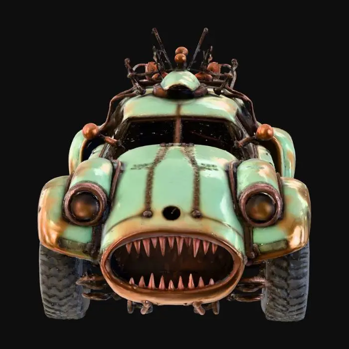 3D model for A rusted 80s sci-fi armored car with a mutant mouth, bug eyes, and green meat mixed with various components of the vehicle. It is also a duali.