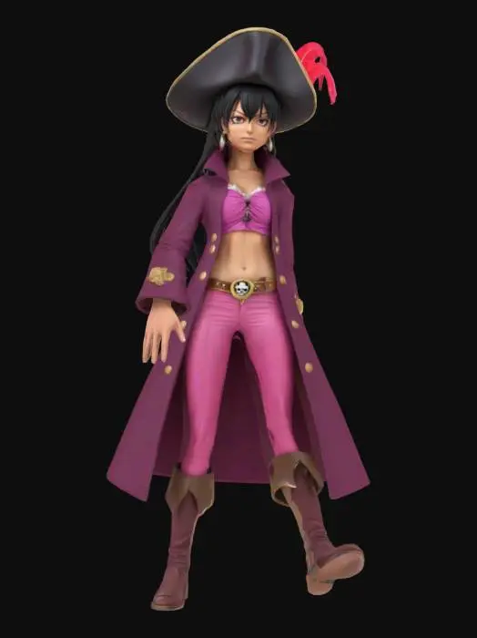 3D model for Realistic 3D figure of Iron Mace Alvida from One Piece live action, posed confidently with one hand on hip. Beautiful slim woman with long flowing black hair and striking facial features. Wearing a large white captain's hat with a red feather plume, a burgundy purple pirate coat with gold trim worn open, a pink cropped top showing a midriff, pink fitted pants, and brown boots. Photorealistic skin textures and facial details with anime-inspired proportions. Dynamic pose showing her confident pirate captain personality. High-detail costume textures with fabric wrinkles and metallic elements. Professional portrait lighting. Full-body figure suitable for 3D printing or display. Elegant and attractive appearance emphasizing her transformed beautiful form from the series.