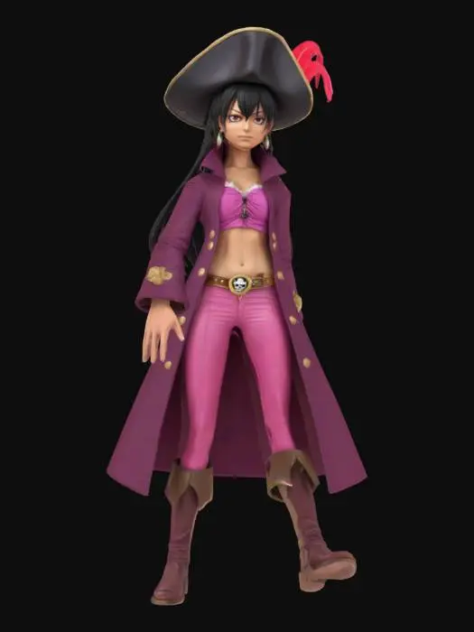 3D model for Realistic 3D figure of Iron Mace Alvida from One Piece live action, posed confidently with one hand on hip. Beautiful slim woman with long flowing black hair and striking facial features. Wearing a large white captain's hat with a red feather plume, a burgundy purple pirate coat with gold trim worn open, a pink cropped top showing a midriff, pink fitted pants, and brown boots. Photorealistic skin textures and facial details with anime-inspired proportions. Dynamic pose showing her confident pirate captain personality. High-detail costume textures with fabric wrinkles and metallic elements. Professional portrait lighting. Full-body figure suitable for 3D printing or display. Elegant and attractive appearance emphasizing her transformed beautiful form from the series.