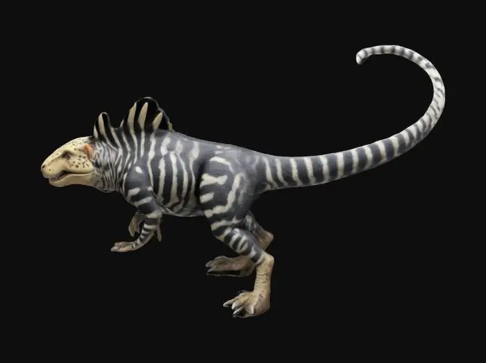 3D model for spinosaurus, rat with cheetah face armored skin black and white striped cheetah tail

rat dinausore
