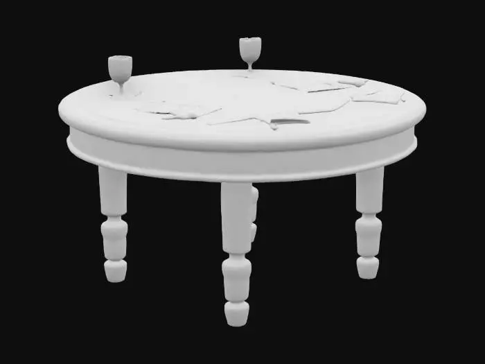 3D model for A round wooden table with engraved faction symbols for the Vignerons and Pêcheurs. Scrolls, goblets, and daggers are scattered on the surface.