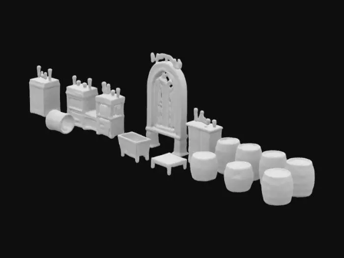 3D model for A luxurious medieval hall with stone walls, wooden beams, and stained-glass windows. Wine barrels stacked along the walls, chandeliers illuminating the space.