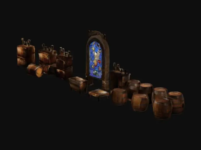 3D model for A luxurious medieval hall with stone walls, wooden beams, and stained-glass windows. Wine barrels stacked along the walls, chandeliers illuminating the space.