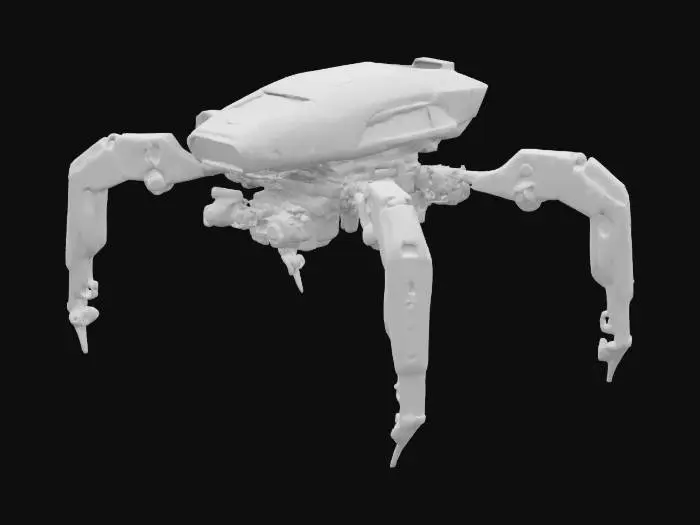 3D model for Create a detailed 3D model of a hexapod robot with a compact, aerodynamic body and six articulated legs. Each leg has multiple segments connected by visible actuators and mechanical joints. The design should be inspired by industrial and biomechanical robotics, featuring realistic metallic textures and fine mechanical details.