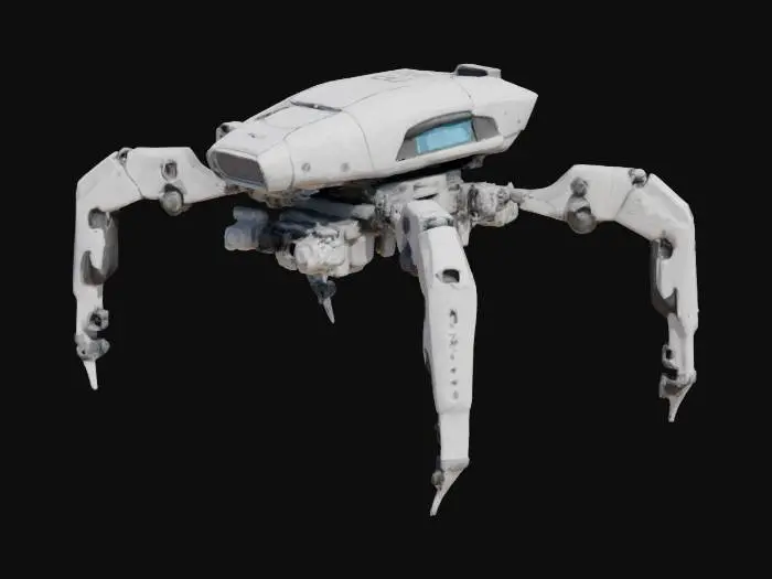 3D model for Create a detailed 3D model of a hexapod robot with a compact, aerodynamic body and six articulated legs. Each leg has multiple segments connected by visible actuators and mechanical joints. The design should be inspired by industrial and biomechanical robotics, featuring realistic metallic textures and fine mechanical details.