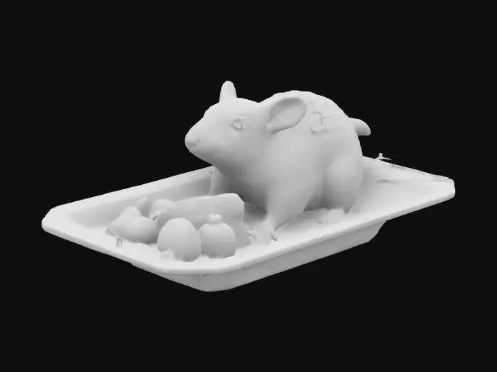 3D model for A single roasted fantasy mouse served whole on a rustic medieval plate, garnished with herbs, ancient vegetables and reduced sauce glaze. Highly detailed, realistic, isometric view, nothing around, white background.