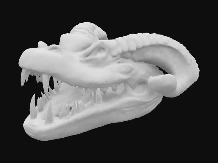 3D model for (Name: The Croc of Miltonne)
A stylized crocodile jaw with oversized teeth protruding forward like a ram. Inspired by island legend, the jaw is carved from dark wood with bleached highlights to resemble bone.