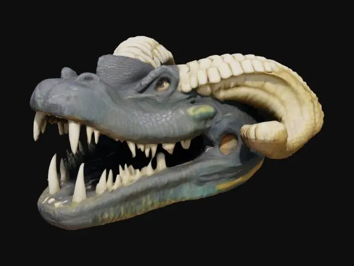3D model for (Name: The Croc of Miltonne)
A stylized crocodile jaw with oversized teeth protruding forward like a ram. Inspired by island legend, the jaw is carved from dark wood with bleached highlights to resemble bone.