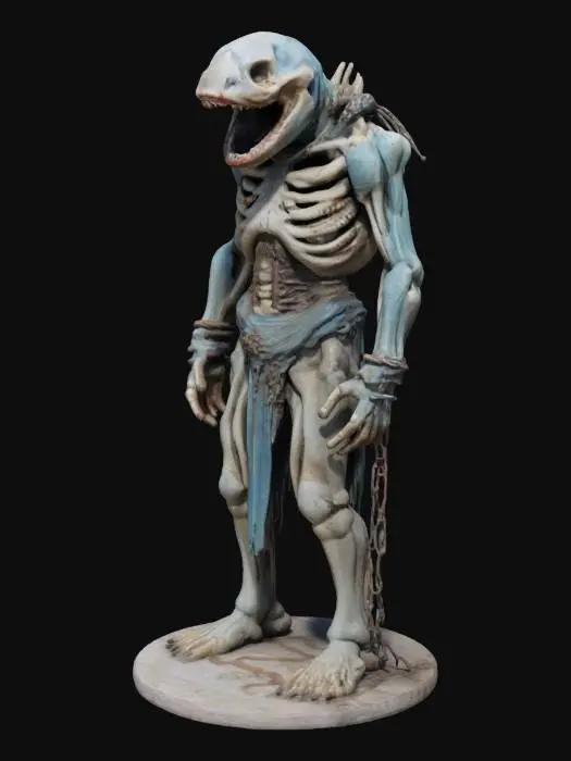 3D model for (Name: The Sea Leper)
A skeletal hybrid of man and shark, mouth wide open, teeth corroded by salt, empty eye sockets glowing faint blue. Rotted wood, rusty chains, and seaweed hang from its ribs — a cursed relic of the deep.