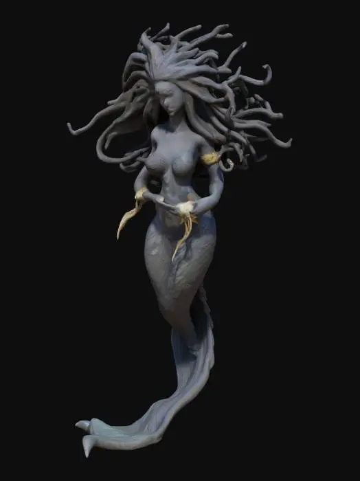 3D model for (Name: The Abyss Song)
A dark wooden siren, her hair sculpted into swirling waves, holding a conch shell to her lips. Golden accents trace her arms like runes of old. Her blank stare faces the horizon, eternally singing to the drowned.