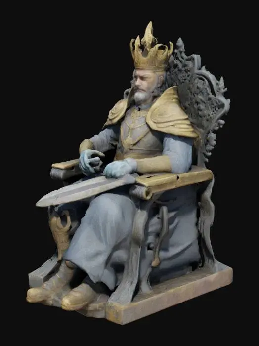3D model for (Name: The Forgotten Crown)
A fallen king sits on a broken throne, sword plunged into the ship's prow. Ancient symbols and corroded armor adorn his body, carved with sharp lines and worn edges that speak of a lost empire.