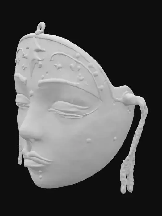 3D model for (Name: Mask of Stellcadens)
A celestial mask with closed eyes, meteor-tear carvings beneath each cheek, and constellations engraved across the surface. Midnight-blue wood is speckled with stardust pigments.