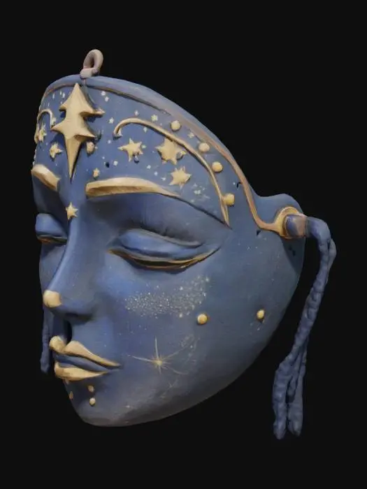 3D model for (Name: Mask of Stellcadens)
A celestial mask with closed eyes, meteor-tear carvings beneath each cheek, and constellations engraved across the surface. Midnight-blue wood is speckled with stardust pigments.