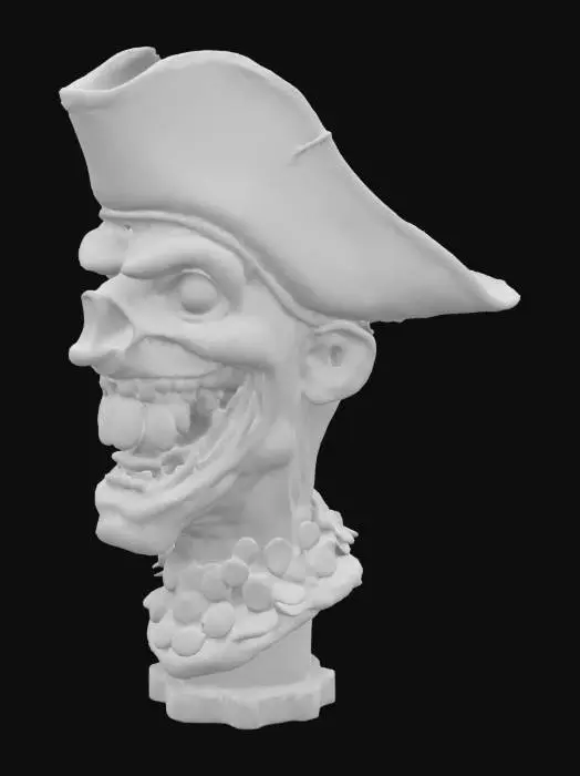 3D model for (Name: Davy’s Laugh)
A grotesque pirate head frozen in a toothy grin. Cracked tricorne hat, gold teeth gleaming, with coins sculpted into his neck. A chaotic yet charismatic figurehead full of mischief and legend.