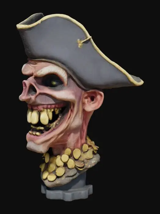 3D model for (Name: Davy’s Laugh)
A grotesque pirate head frozen in a toothy grin. Cracked tricorne hat, gold teeth gleaming, with coins sculpted into his neck. A chaotic yet charismatic figurehead full of mischief and legend.