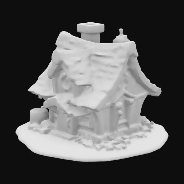 3D model for clash of clans style quaint, storybook-style house with a steep pitched roof, textured stone chimney, timber accents, and walls adorned with autumnal vines and barrels, cartoon style