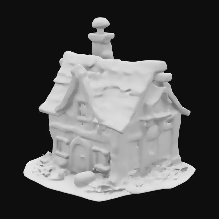 3D model for clash of clans style quaint, storybook-style house with a steep pitched roof, textured stone chimney, timber accents, and walls adorned with autumnal vines and barrels, cartoon style