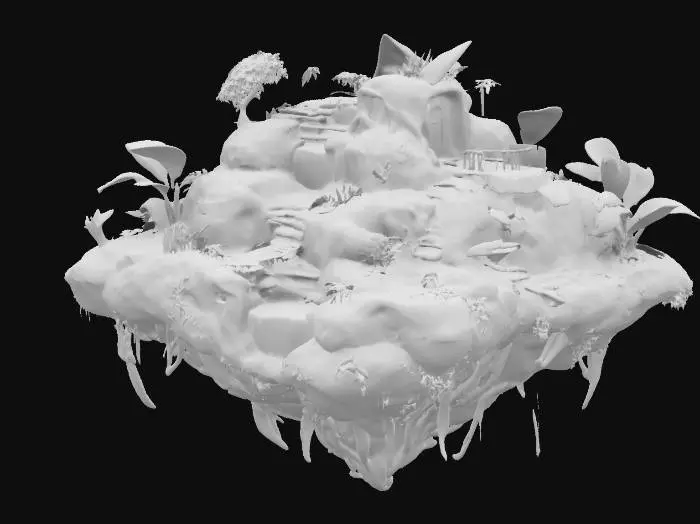 3D model for #garden#, floating garden island, lush greenery, layered tropical plants, cascading waterfalls, rocks and roots exposed beneath, small wooden bridges, vibrant flowers, stylized and whimsical