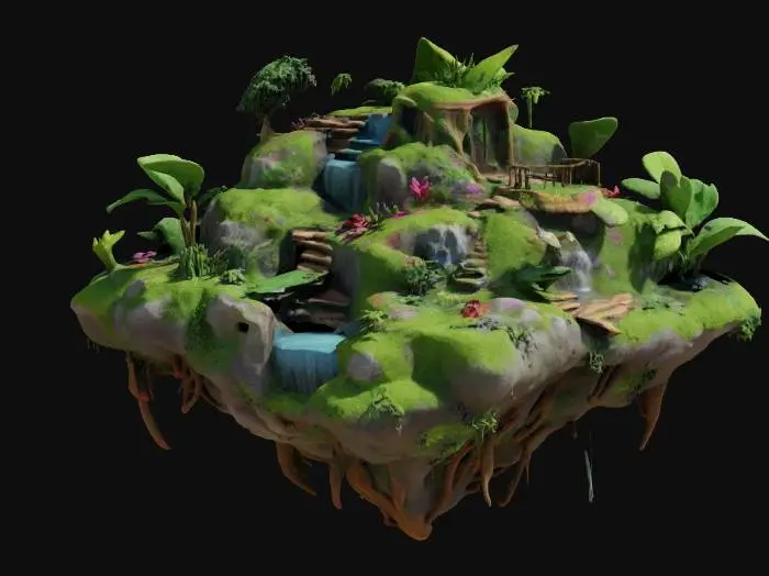 3D model for #garden#, floating garden island, lush greenery, layered tropical plants, cascading waterfalls, rocks and roots exposed beneath, small wooden bridges, vibrant flowers, stylized and whimsical