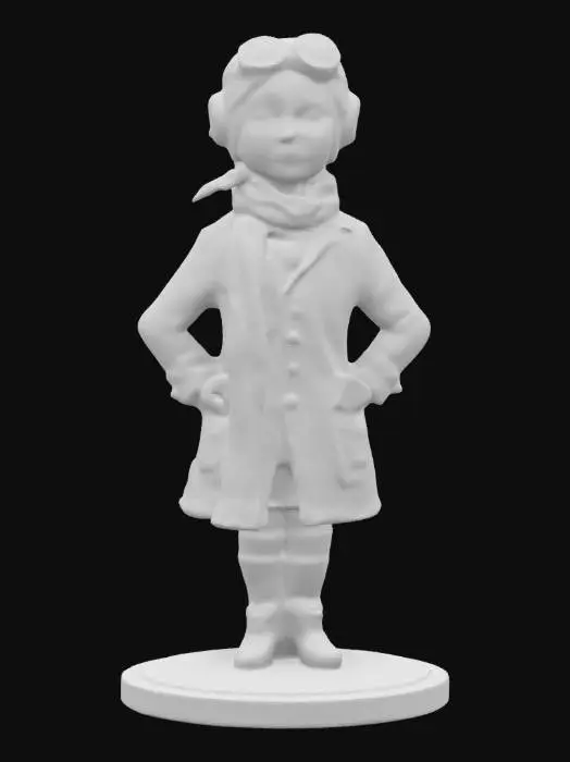 3D model for #women#, Amelia Earhart, the pioneering aviator, standing confidently with one hand on her hip and the other resting on a vintage leather flight helmet. She wears a classic leather flight jacket, a white scarf, and aviator goggles on her forehead. Her expression is determined. The model is mounted on a round base with an engraved compass design, adding an elegant touch, Highly Detailed, Ultra Realistic, hdri, omnidirectional lighting, global illumination