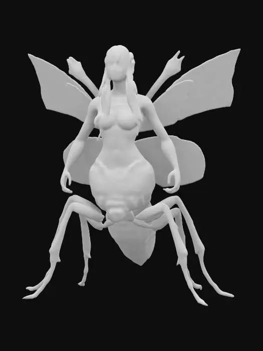 3D model for A creature, half woman, half insect. Woman's torso, slightly muscular, strong arms, with braided hair. The lower half is an insect's body, like a beetle, with six legs.