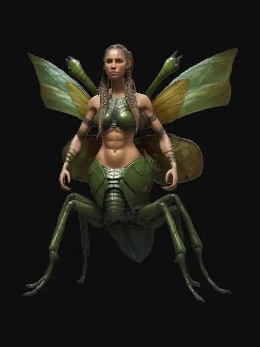 3D model for A creature, half woman, half insect. Woman's torso, slightly muscular, strong arms, with braided hair. The lower half is an insect's body, like a beetle, with six legs.