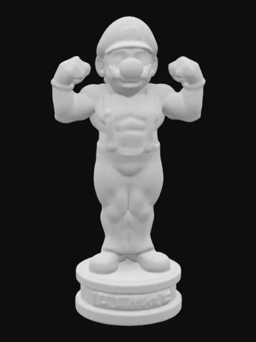 3D model for #game figure#, an oscar statuette featuring an extremely jacked Super Mario doing a weightlifter pose
