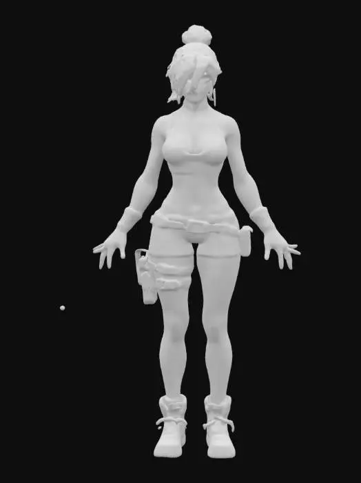 3D model for Beautiful cyberpunk woman, highly detailed face, teal hair up in a bun, slim but curvy, thin waist with wide hips, good anatomy, wearing a cropped halter top and shorts with tactical belt, futuristic boots, techwear, hair away from the body, arms away from the body, tall, real human proportions, Game Assets, Highly Detailed, Ultra Realistic, Full Body, A-pose, T-pose, even lighting 