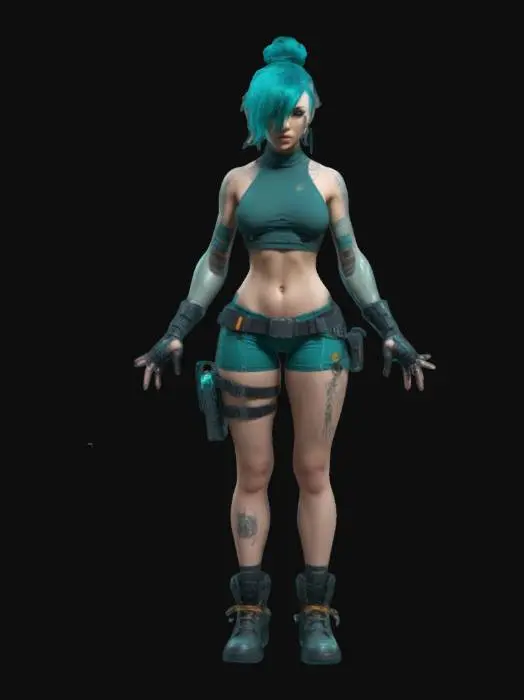 3D model for Beautiful cyberpunk woman, highly detailed face, teal hair up in a bun, slim but curvy, thin waist with wide hips, good anatomy, wearing a cropped halter top and shorts with tactical belt, futuristic boots, techwear, hair away from the body, arms away from the body, tall, real human proportions, Game Assets, Highly Detailed, Ultra Realistic, Full Body, A-pose, T-pose, even lighting 