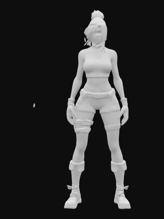 3D model for Beautiful cyberpunk woman, highly detailed face, teal hair up in a bun, slim but curvy, thin waist with wide hips, good anatomy, wearing a cropped halter top and shorts with tactical belt, futuristic boots, techwear, hair away from the body, arms away from the body, tall, real human proportions, Game Assets, Highly Detailed, Ultra Realistic, Full Body, A-pose, T-pose, even lighting 