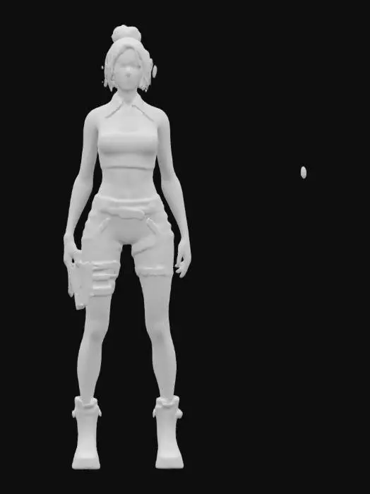 3D model for Beautiful cyberpunk woman, highly detailed face, teal hair up in a bun, slim but curvy, thin waist with wide hips, good anatomy, wearing a cropped halter top and shorts with tactical belt, futuristic boots, techwear, hair away from the body, arms away from the body, tall, real human proportions, Game Assets, Highly Detailed, Ultra Realistic, Full Body, A-pose, T-pose, even lighting 
