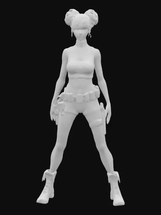 3D model for Beautiful cyberpunk woman, highly detailed face, teal hair up in a bun, slim but curvy, thin waist with wide hips, good anatomy, wearing a cropped halter top and shorts with tactical belt, futuristic boots, techwear, hair away from the body, arms away from the body, tall, real human proportions, Game Assets, Highly Detailed, Ultra Realistic, Full Body, A-pose, T-pose, even lighting 