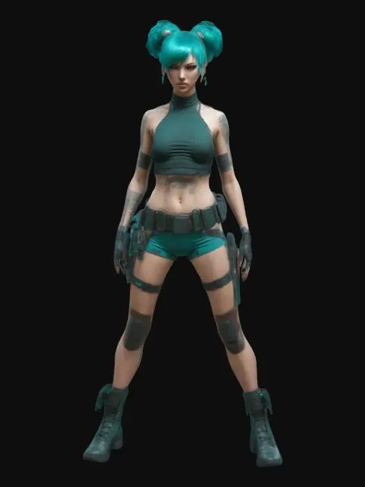 3D model for Beautiful cyberpunk woman, highly detailed face, teal hair up in a bun, slim but curvy, thin waist with wide hips, good anatomy, wearing a cropped halter top and shorts with tactical belt, futuristic boots, techwear, hair away from the body, arms away from the body, tall, real human proportions, Game Assets, Highly Detailed, Ultra Realistic, Full Body, A-pose, T-pose, even lighting 