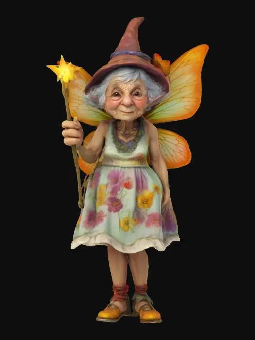 3D model for #fairy#, A cute old granny fairy, Fantasy, Stylized, Highly Detailed, Ultra Realistic, Full Body, even lighting