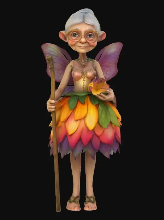 3D model for #fairy#, A cute old granny fairy, Fantasy, Stylized, Highly Detailed, Ultra Realistic, Full Body, even lighting