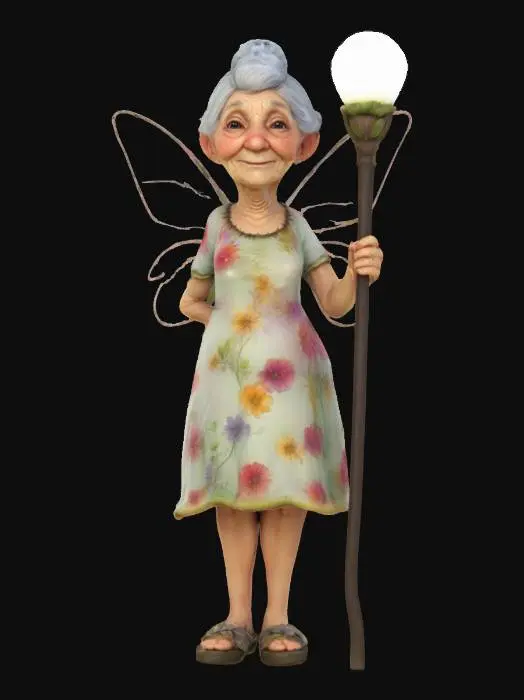3D model for #fairy#, A cute old granny fairy, Fantasy, Stylized, Highly Detailed, Ultra Realistic, Full Body, even lighting