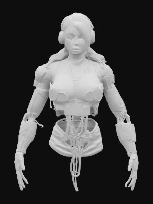 3D model for feminine cyberpunk robotic arm endoskeleton, built from mismatched scavenged parts, exposed wiring and rusty joints, glowing cables in chaotic layout, visible pistons and actuators, asymmetrical design, scratched metal surfaces, grimy and gritty aesthetic, black market augmentation, shoulder to hand