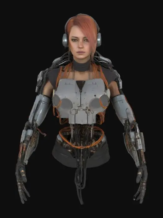 3D model for feminine cyberpunk robotic arm endoskeleton, built from mismatched scavenged parts, exposed wiring and rusty joints, glowing cables in chaotic layout, visible pistons and actuators, asymmetrical design, scratched metal surfaces, grimy and gritty aesthetic, black market augmentation, shoulder to hand