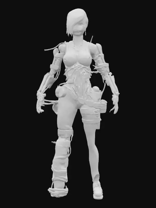 3D model for feminine cyberpunk robotic arm endoskeleton, built from mismatched scavenged parts, exposed wiring and rusty joints, glowing cables in chaotic layout, visible pistons and actuators, asymmetrical design, scratched metal surfaces, grimy and gritty aesthetic, black market augmentation, shoulder to hand