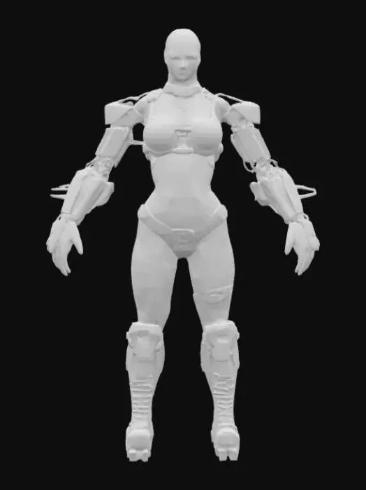 3D model for feminine cyberpunk robotic arm endoskeleton, built from mismatched scavenged parts, exposed wiring and rusty joints, glowing cables in chaotic layout, visible pistons and actuators, asymmetrical design, scratched metal surfaces, grimy and gritty aesthetic, black market augmentation, shoulder to hand