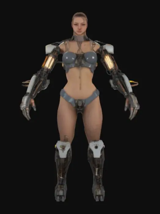 3D model for feminine cyberpunk robotic arm endoskeleton, built from mismatched scavenged parts, exposed wiring and rusty joints, glowing cables in chaotic layout, visible pistons and actuators, asymmetrical design, scratched metal surfaces, grimy and gritty aesthetic, black market augmentation, shoulder to hand