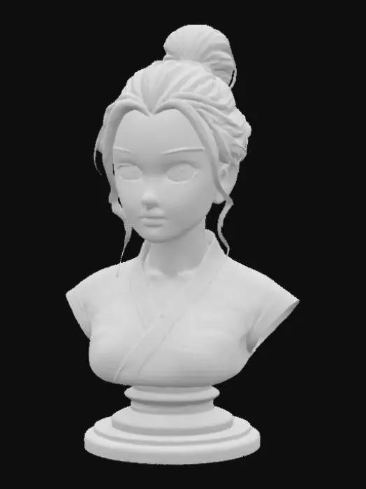 3D model for Extremely beautiful kunoichi with hair up in a bun. Highly Detailed, Ultra Realistic, Bust in a round base, Portrait