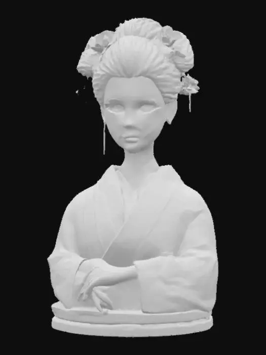 3D model for Extremely beautiful kunoichi with hair up in a bun. Highly Detailed, Ultra Realistic, Bust in a round base, Portrait