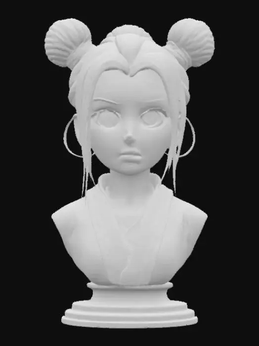 3D model for Extremely beautiful kunoichi with hair up in a bun. Highly Detailed, Ultra Realistic, Bust in a round base, Portrait