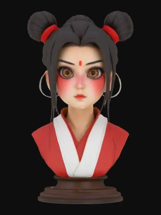3D model for Extremely beautiful kunoichi with hair up in a bun. Highly Detailed, Ultra Realistic, Bust in a round base, Portrait