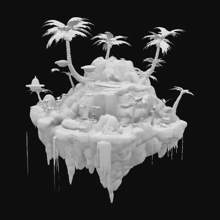 3D model for #garden#, floating garden island, lush greenery, layered tropical plants, cascading waterfalls, rocks and roots exposed beneath, small wooden bridges, vibrant flowers, stylized and whimsical