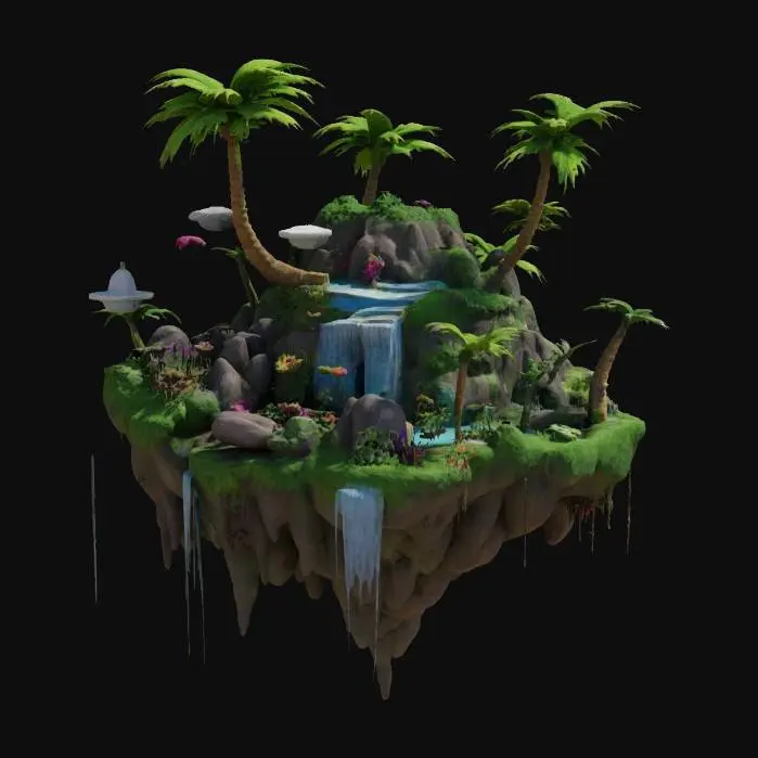 3D model for #garden#, floating garden island, lush greenery, layered tropical plants, cascading waterfalls, rocks and roots exposed beneath, small wooden bridges, vibrant flowers, stylized and whimsical