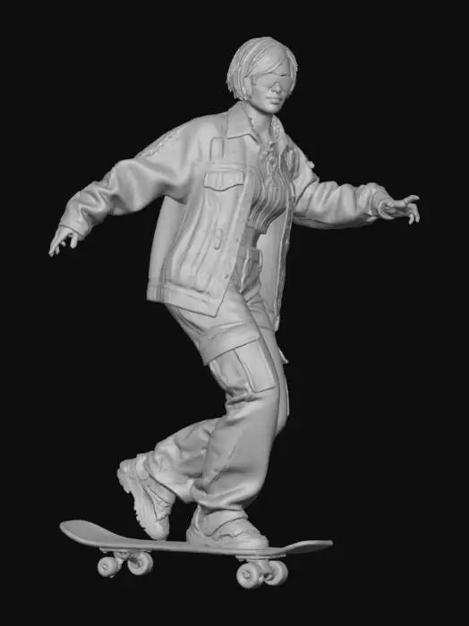 3D model for A stylish young woman, embodying modern street fashion with her distinct haircut and expressive face, captured mid-ride on a skateboard. Her hands are subtly balanced, and her attire includes oversized accessories and textured fabrics. The skateboard itself is a striking piece, made from a clear, durable polymer that refracts light, featuring integrated neon lights that cast a vivid, ethereal glow along its smooth, contoured surface.