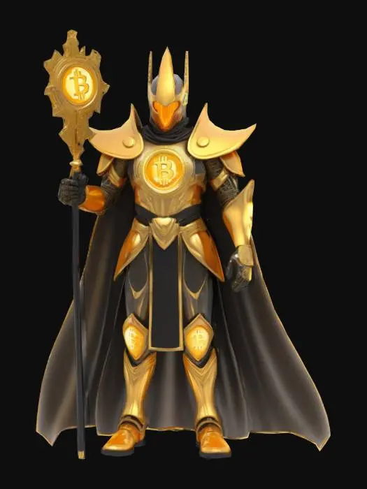 3D model for Bitcoin royal character from the Top Worlds Kingdom in MantraVerse. Well-proportioned with clearly defined noble features and a commanding presence. Wearing highly detailed, stylized gold-and-black armor with glowing Bitcoin (₿) sigils and circuit patterns. A flowing cape of digital strands lit with orange light. Eyes glowing with cryptographic power. Wielding a staff topped with a rotating BTC emblem. Standing on a throne of digital ledgers in a futuristic palace of blockchain glyphs. Cyber-fantasy meets neo-medieval, cinematic lighting, and intricate textures.