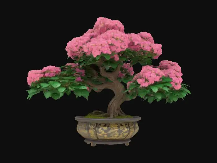 3D model for beautiful isometric flowering bonsai tree, featuring a tradtional bonsai style with an ornate ceramic pot and high quality PBR textures, #garden#